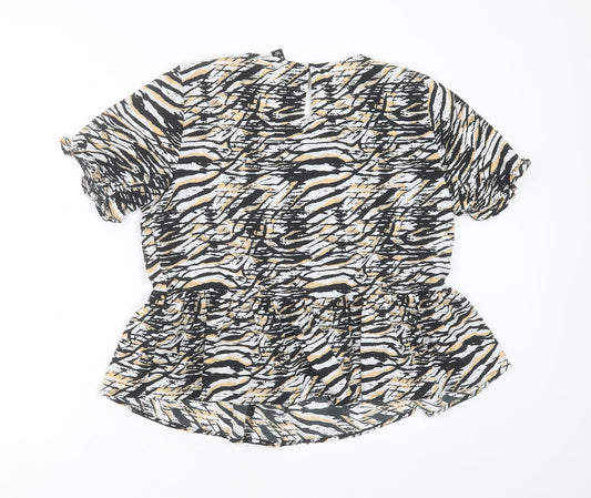 New Look Womens Black Animal Print Polyester Basic Blouse Size 14 Round Neck