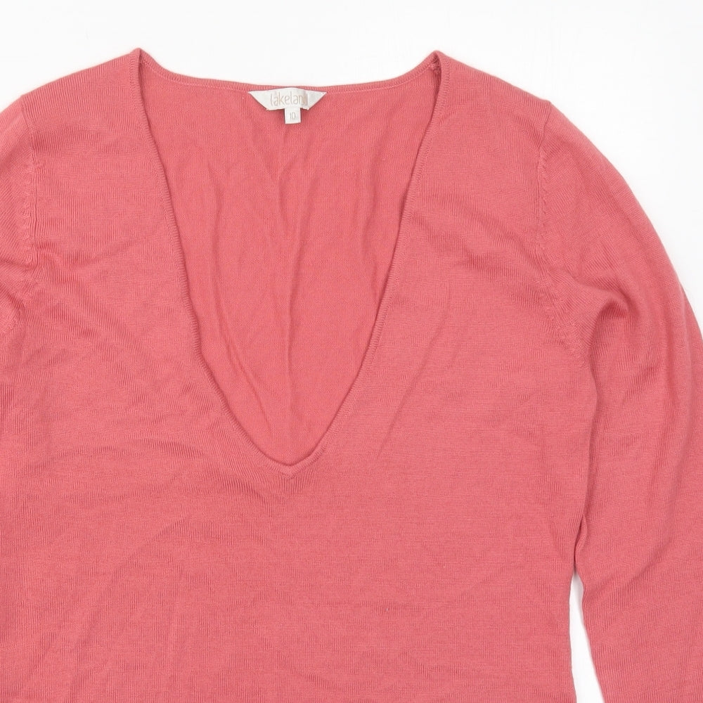 Lakeland Womens Pink V-Neck  Wool Pullover Jumper Size 10