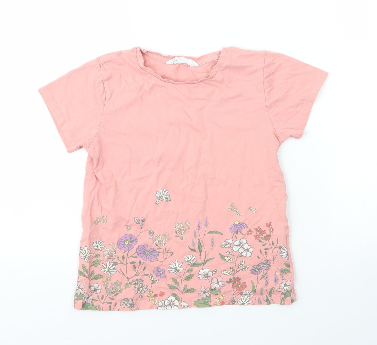 H&M Girls Pink Floral Cotton Basic T-Shirt Size 7 Years Round Neck