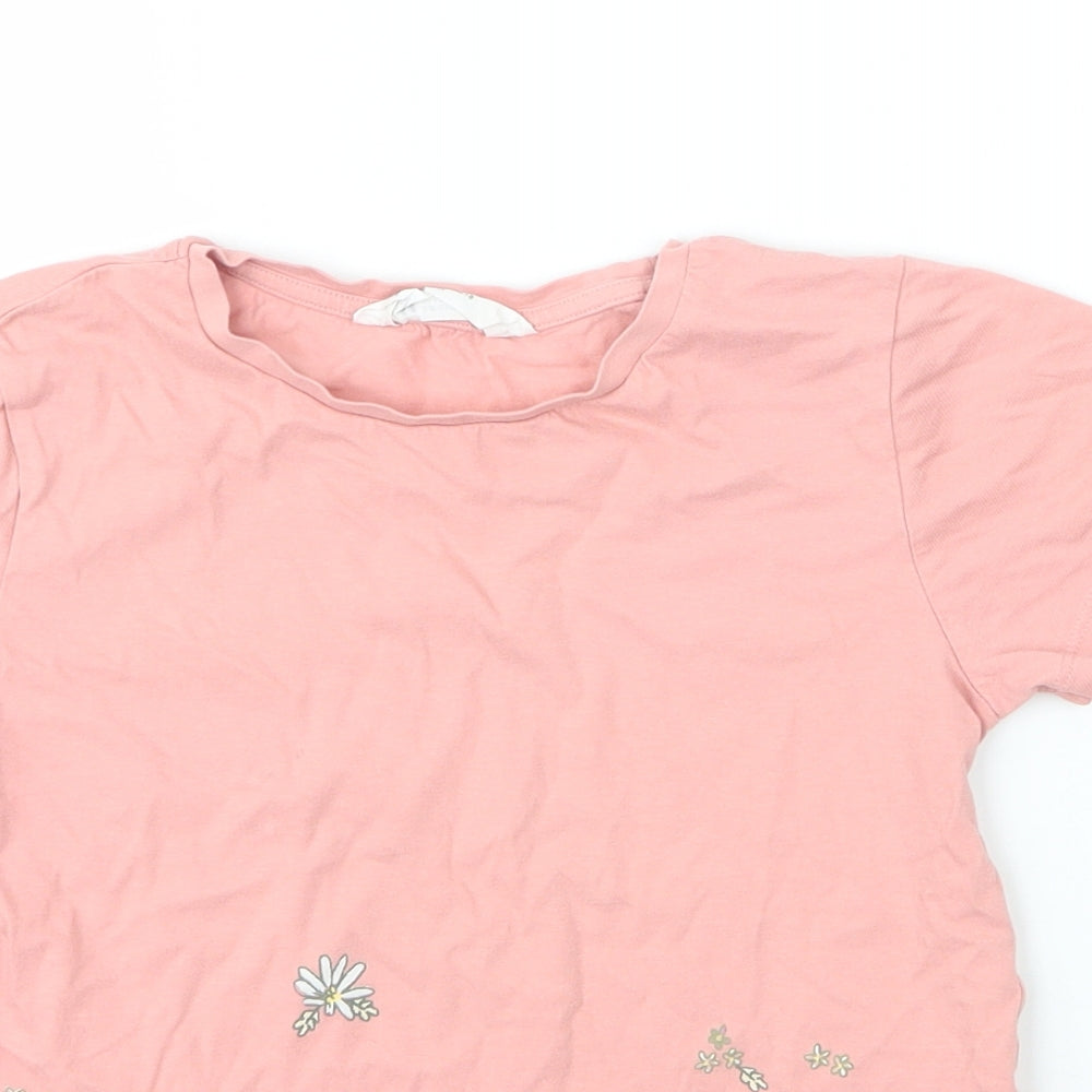 H&M Girls Pink Floral Cotton Basic T-Shirt Size 7 Years Round Neck