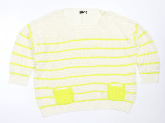 Originals Womens Ivory Round Neck Striped Acrylic Pullover Jumper Size XL