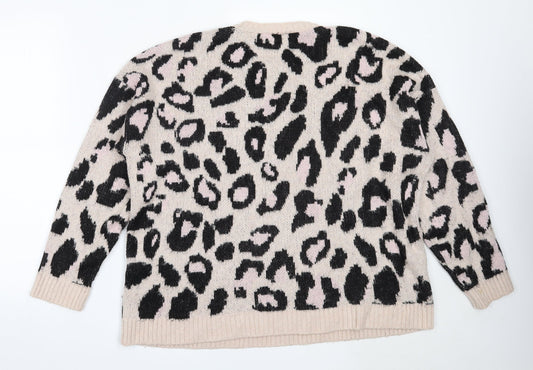 New Look Womens Pink Round Neck Animal Print Acrylic Pullover Jumper Size M