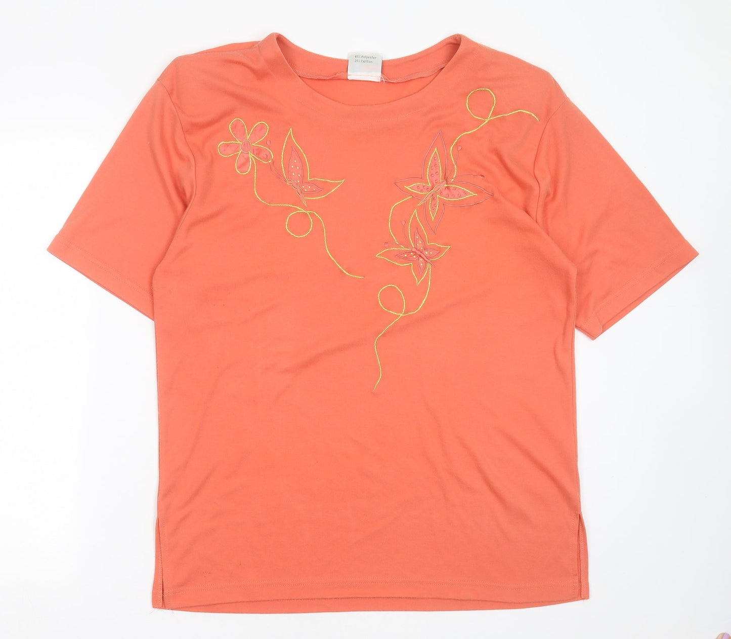 Poppy Womens Orange Floral Polyester Basic T-Shirt Size L Round Neck - Embroidered detail
