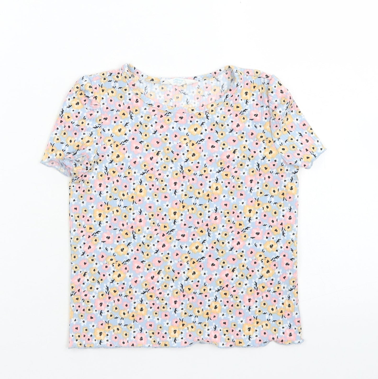 Primark Girls Blue Floral Polyester Basic T-Shirt Size 3-4 Years Crew Neck  - Lettuce Edging