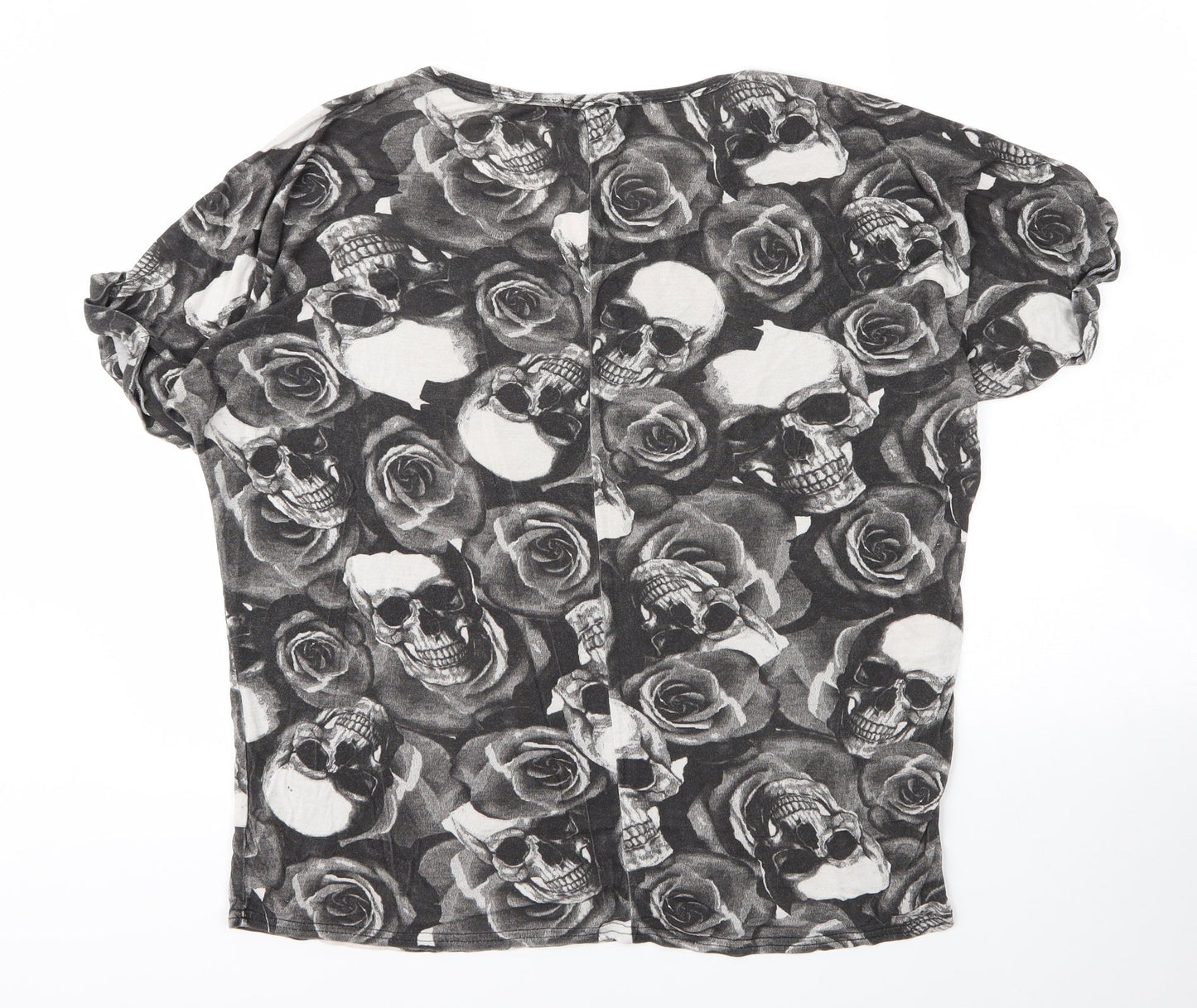 Style Plus Womens Grey Floral Viscose Basic T-Shirt Size L V-Neck - Skulls