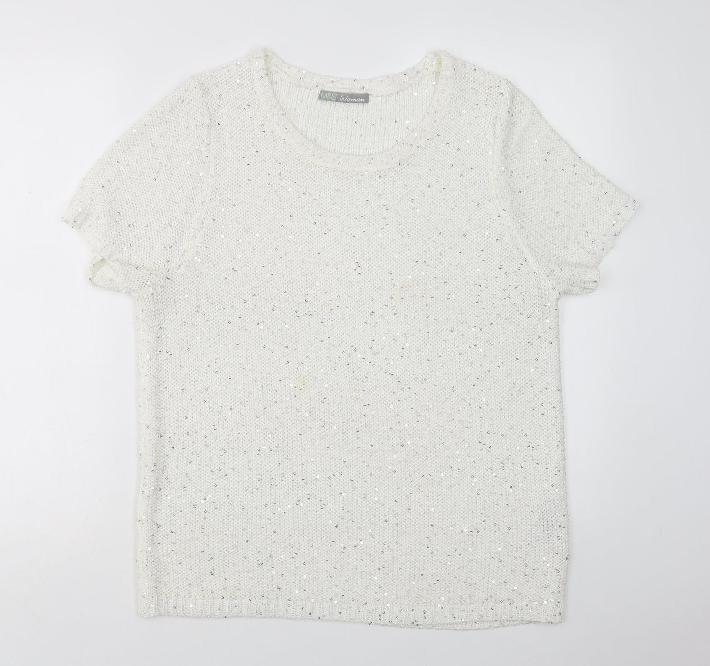 M&S Womens White Crew Neck  Polyester Pullover Jumper Size 8