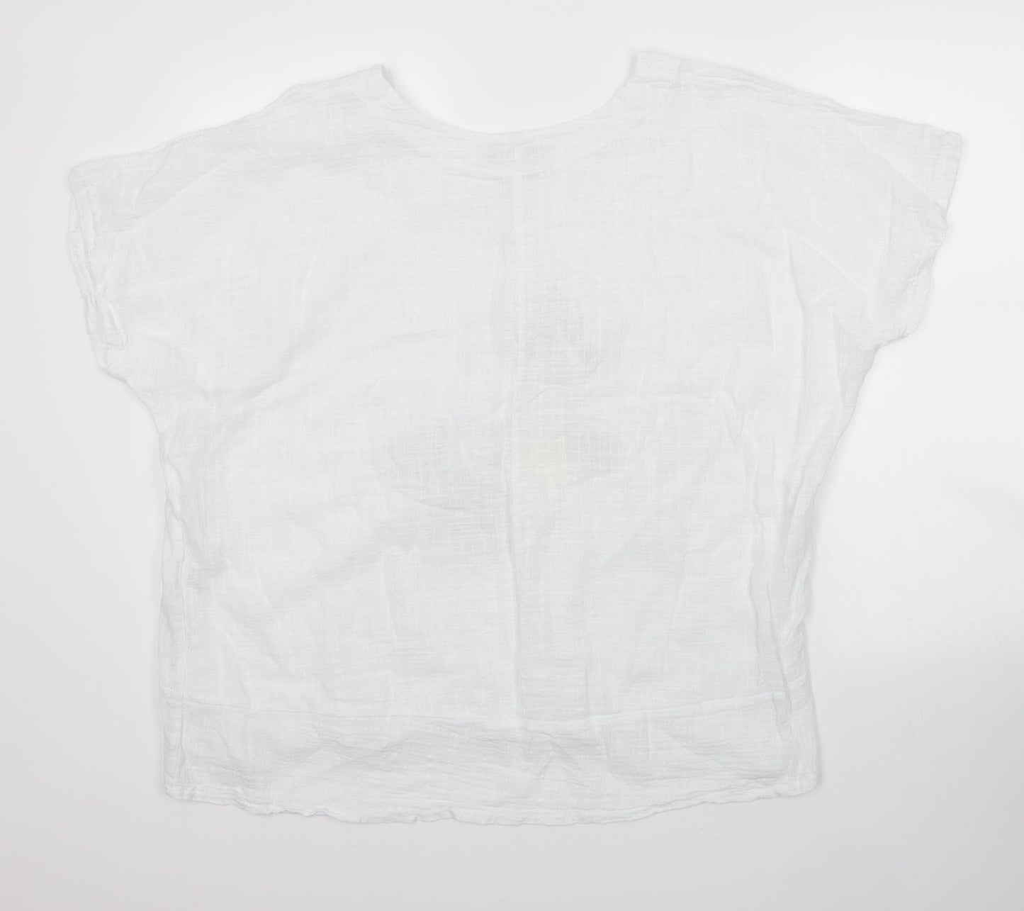 New Collection Womens White Floral Cotton Basic Blouse Size M Round Neck