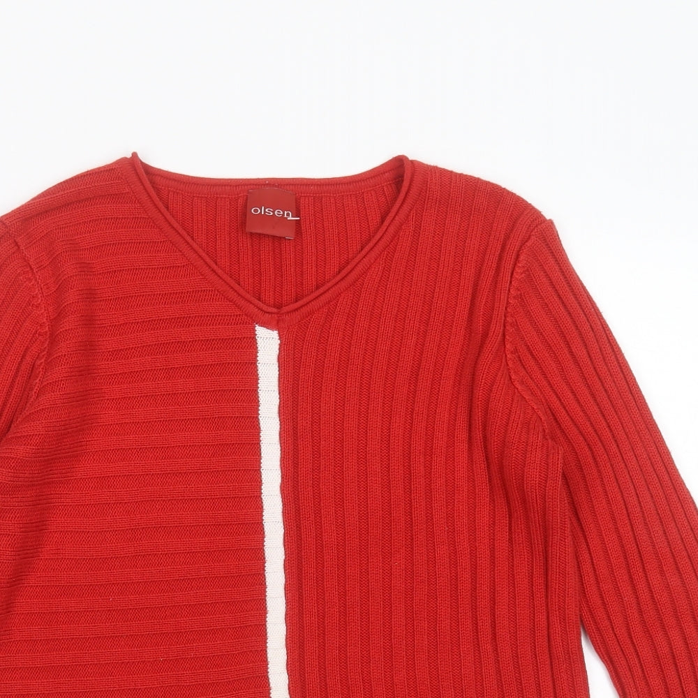 Olsen Womens Red V-Neck Striped Acrylic Pullover Jumper Size 12
