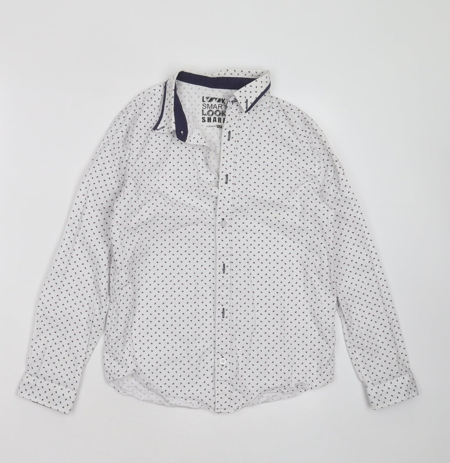 F&F Boys White Geometric Cotton Basic Button-Up Size 10-11 Years Collared Button