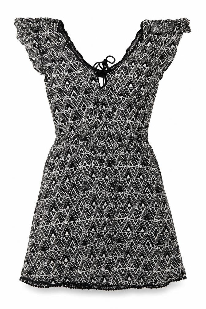 Stradivarius Womens Black Geometric Viscose Fit & Flare  Size M  Scoop Neck  - Beach Cover Up