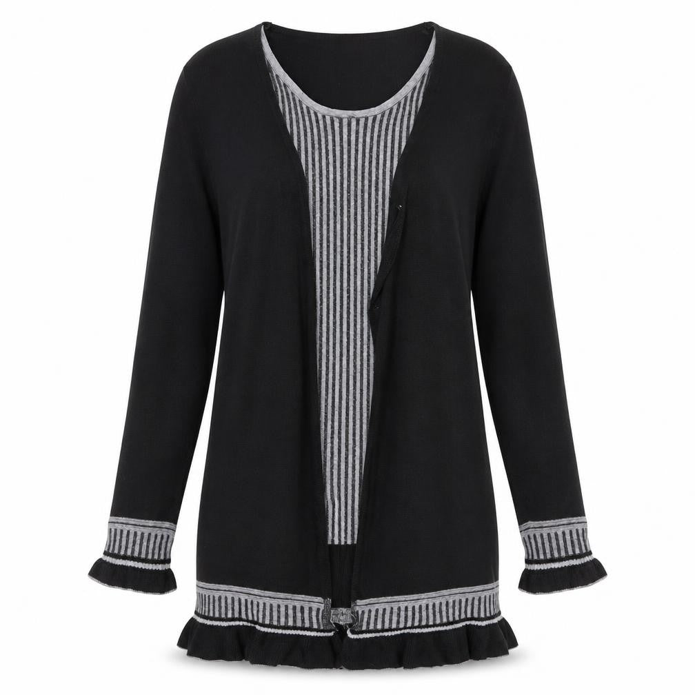 Sarah Dunnway Womens Black Round Neck Striped Polyester Cardigan Jumper Size L