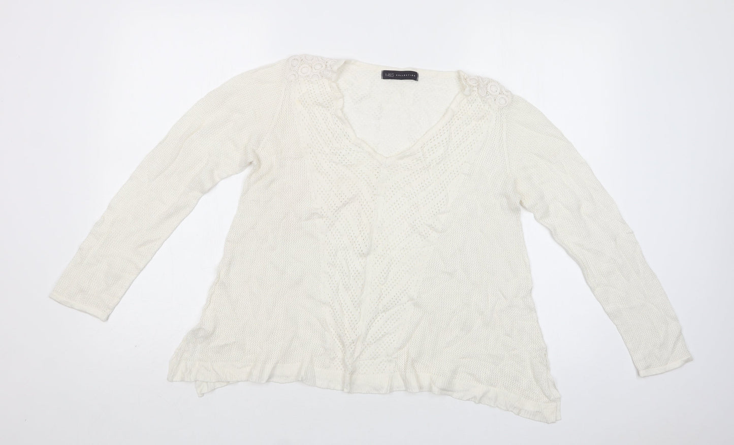 M&S Womens White V-Neck   Pullover Jumper Size L
