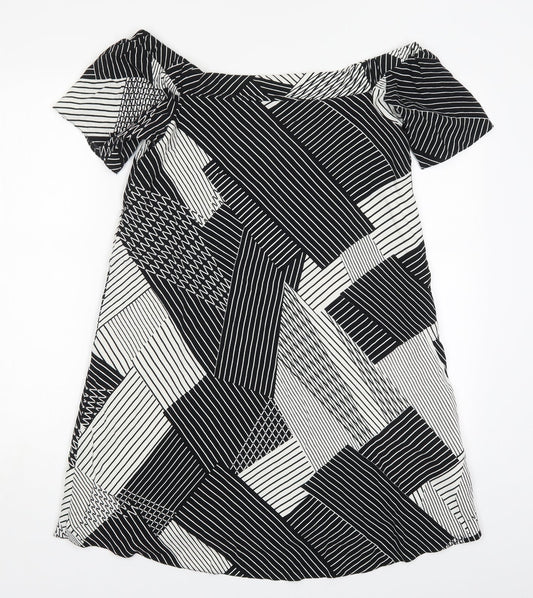 New Look Womens Black Geometric Viscose A-Line  Size 10  Off the Shoulder Pullover