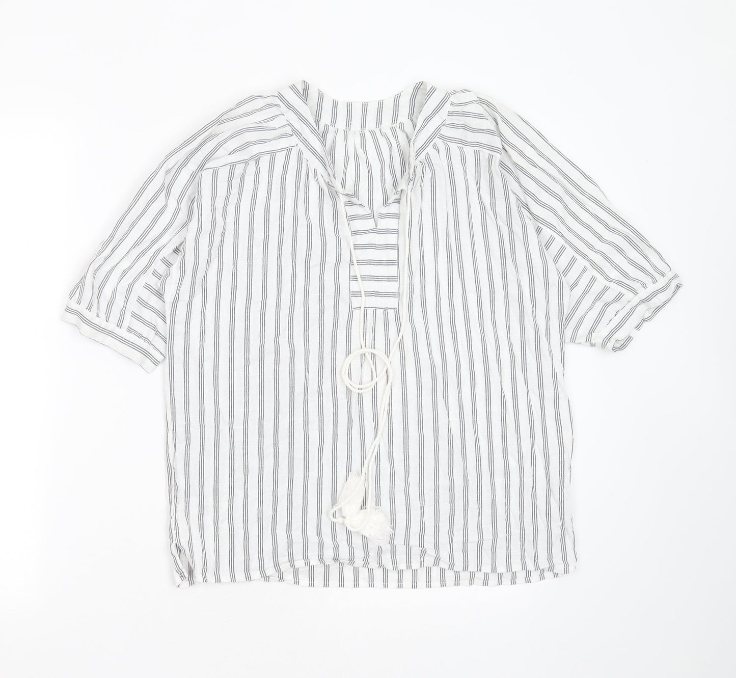 Preworn Womens White Striped Polyester Basic Blouse Size S V-Neck