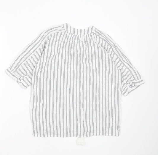 Preworn Womens White Striped Polyester Basic Blouse Size S V-Neck