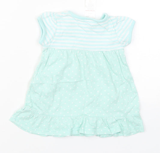 Baby Girls Green Striped Cotton Skater Dress  Size 3-6 Months  Round Neck Pullover - Polka Dot