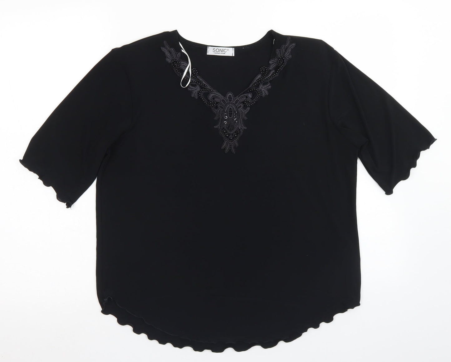 Sonic Collection Womens Black  Polyester Basic Blouse Size M V-Neck - Lettuce Edging