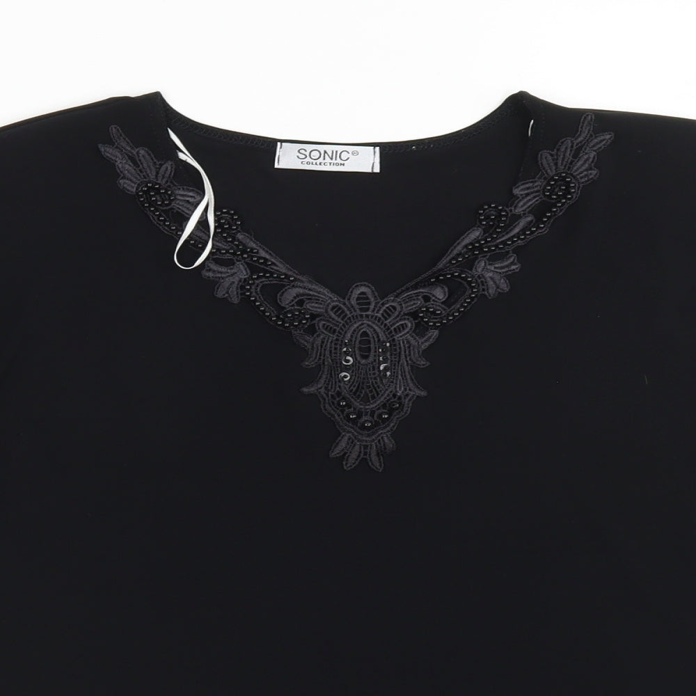 Sonic Collection Womens Black  Polyester Basic Blouse Size M V-Neck - Lettuce Edging