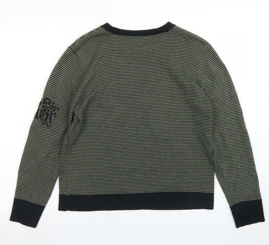 Lost Womens Green Crew Neck Striped Cotton Pullover Jumper Size XL