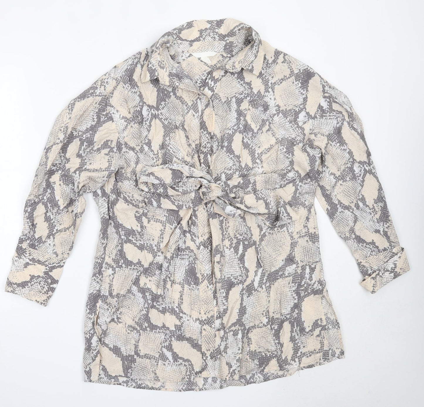 H&M Womens Beige Animal Print Viscose Basic Button-Up Size M Collared