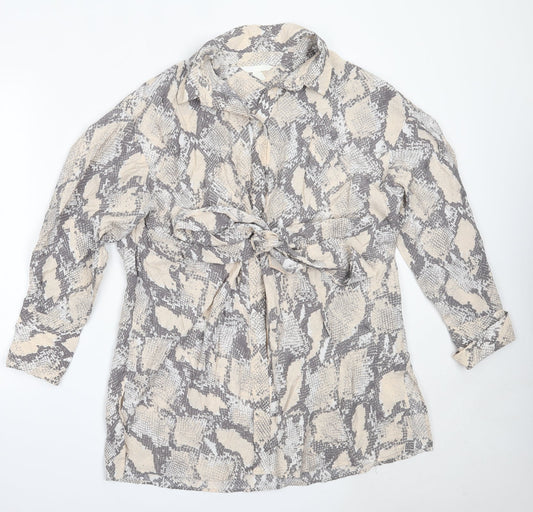 H&M Womens Beige Animal Print Viscose Basic Button-Up Size M Collared