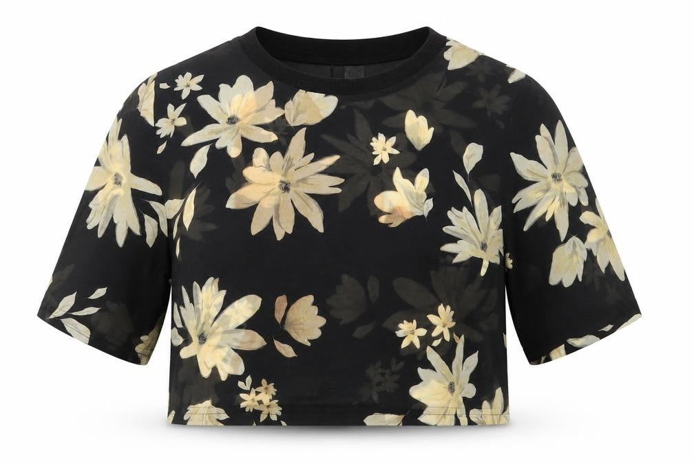H&M Womens Black Floral Polyester Cropped Blouse Size 12 Round Neck