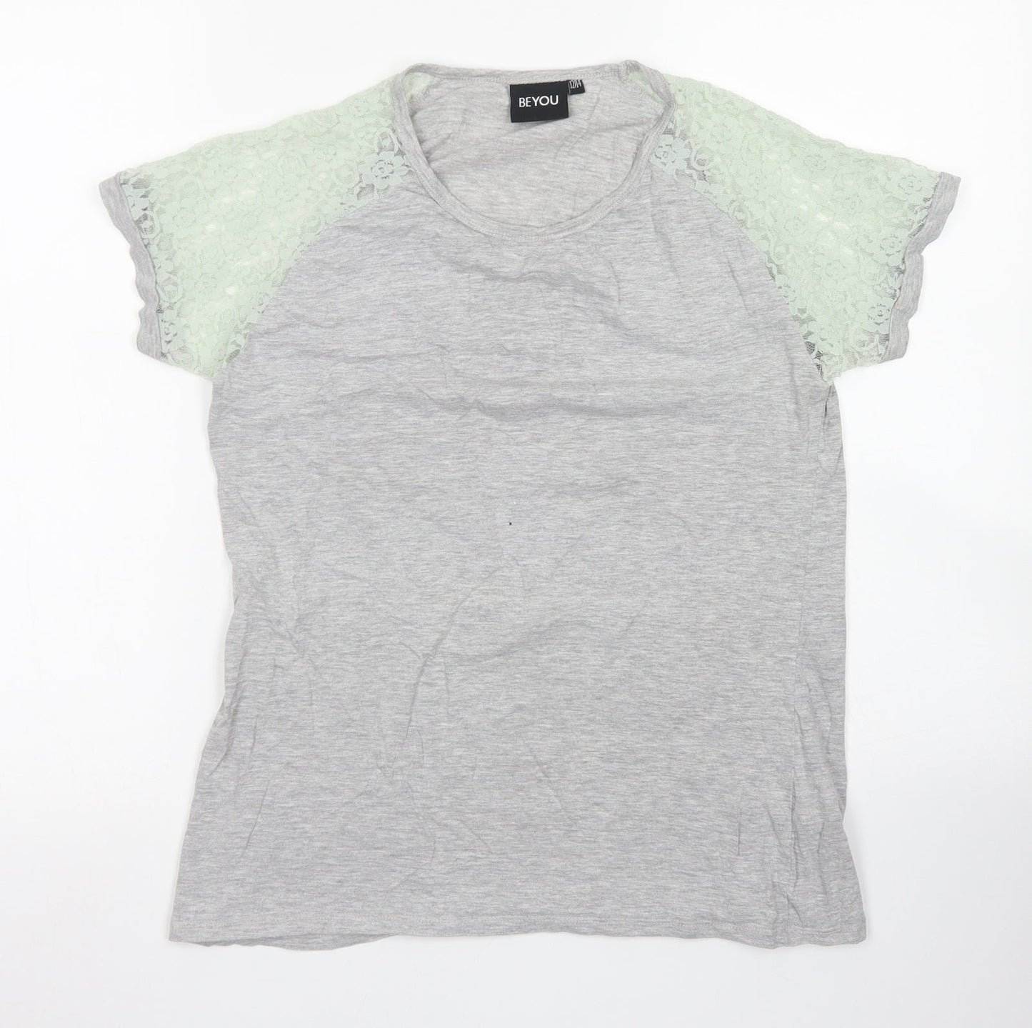 Beyou Womens Grey  Cotton Basic T-Shirt Size 12 Crew Neck - Lace Sleeve details