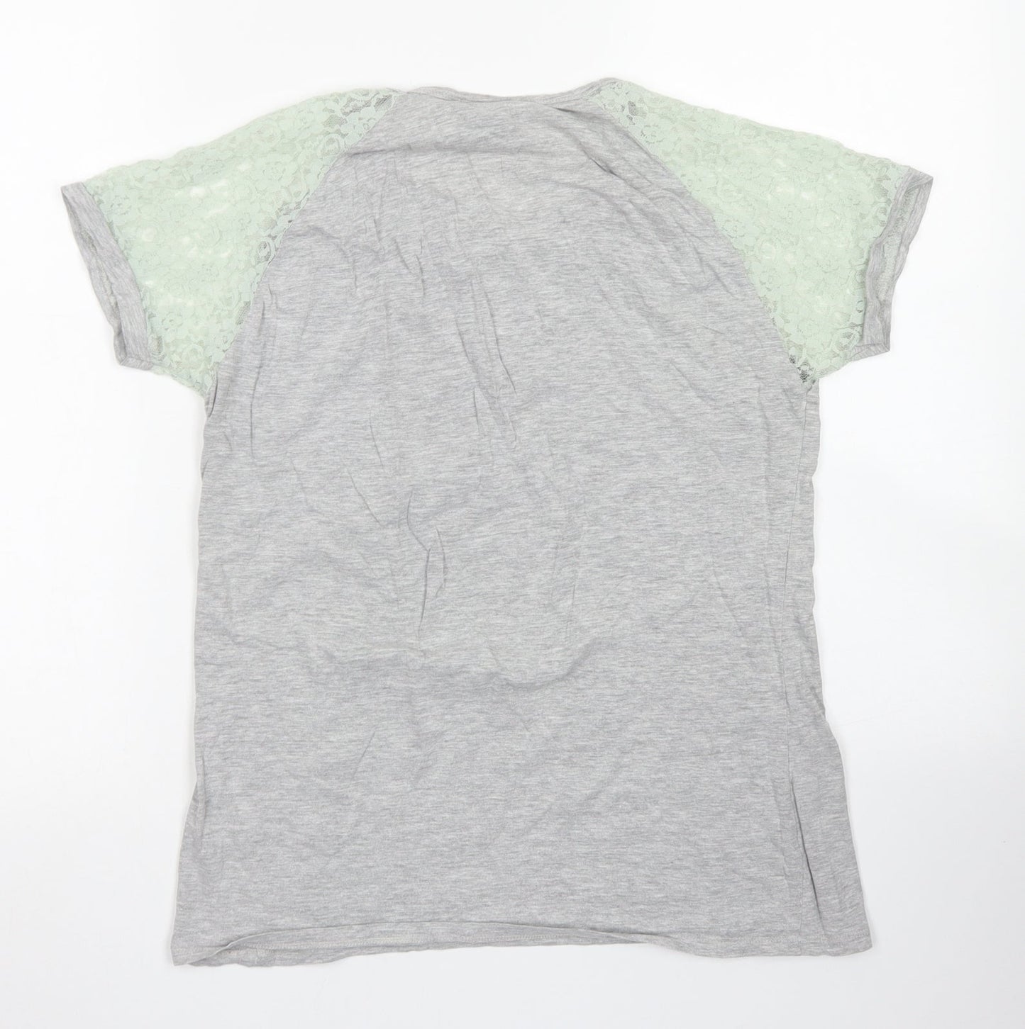 Beyou Womens Grey  Cotton Basic T-Shirt Size 12 Crew Neck - Lace Sleeve details