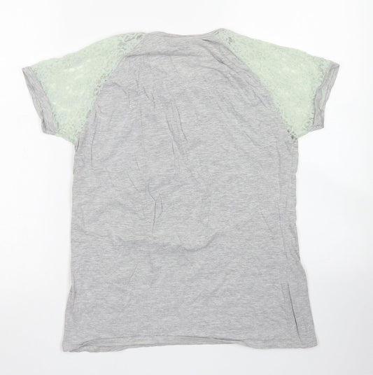Beyou Womens Grey  Cotton Basic T-Shirt Size 12 Crew Neck - Lace Sleeve details