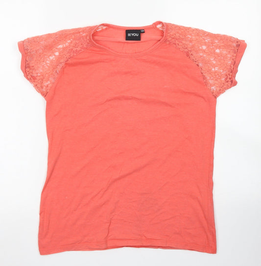 Beyou Womens Orange  Cotton Basic T-Shirt Size 12 Crew Neck - Lace Sleeve