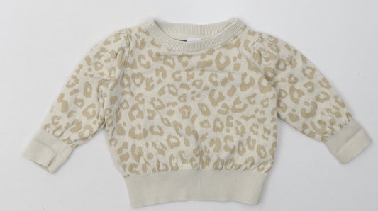Gap Girls Beige Animal Print Cotton Basic Casual Size 12-18 Months Crew Neck Pullover