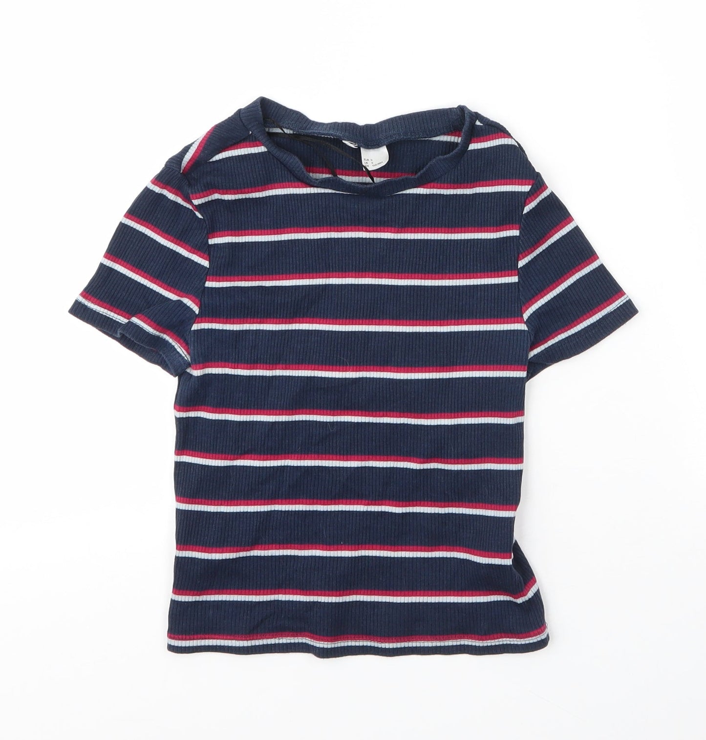 H&M Womens Blue Striped Cotton Basic T-Shirt Size S Round Neck