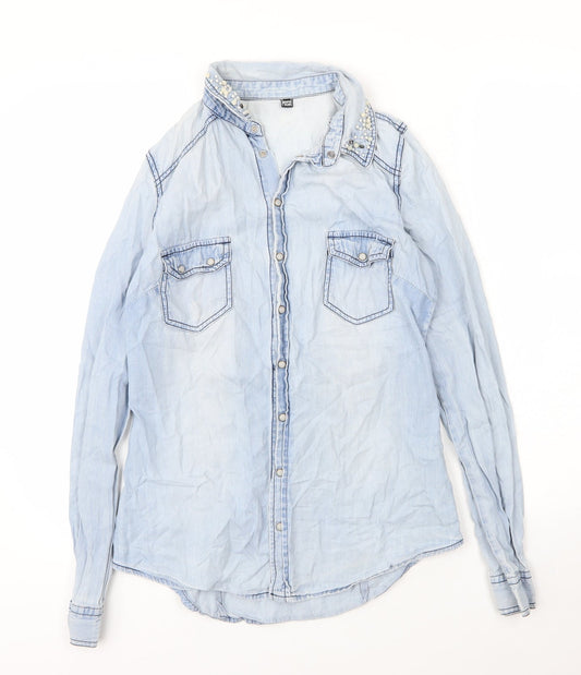 Pimkie Womens Blue  Cotton Basic Blouse Size S Collared - Pearls