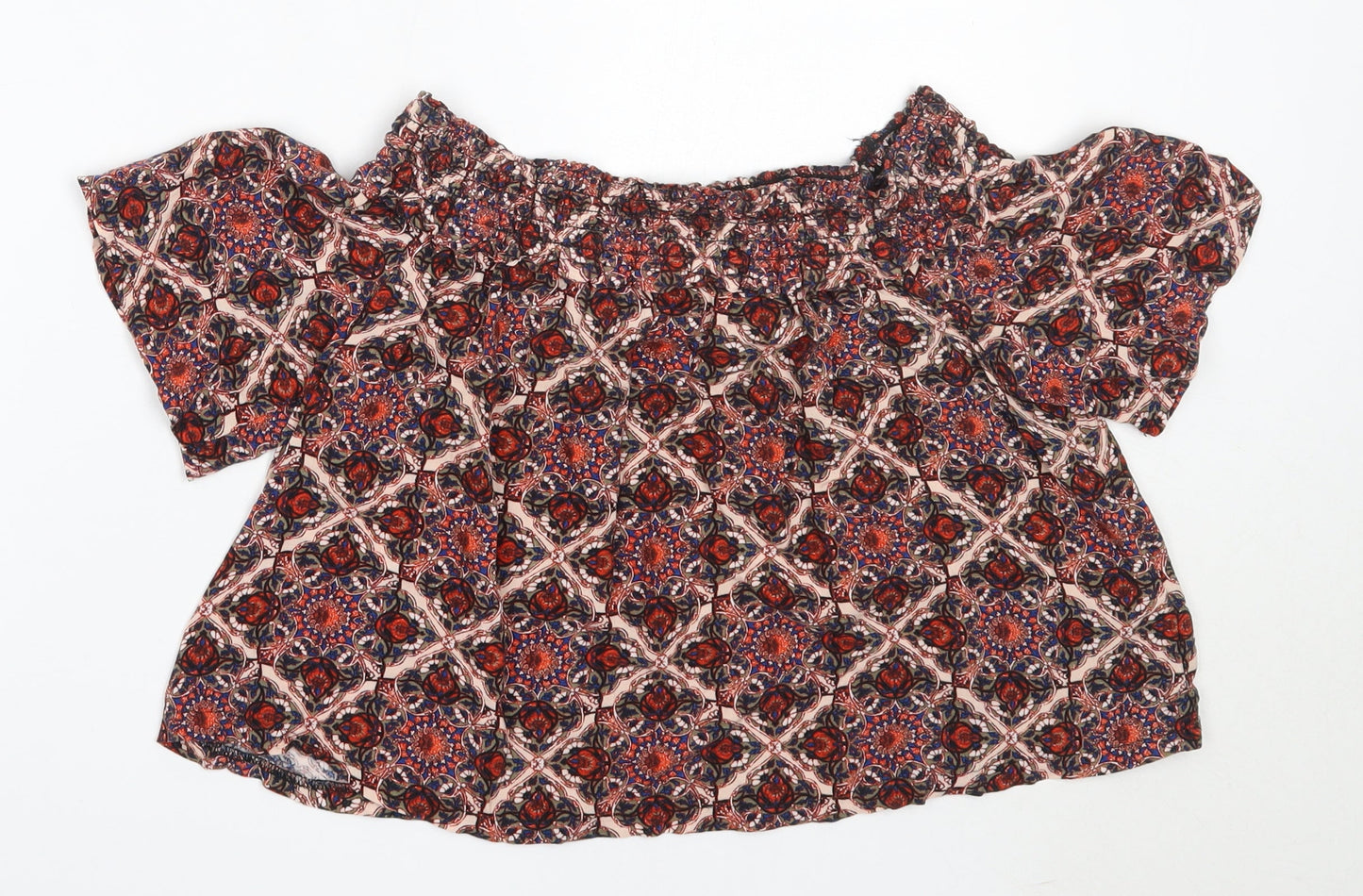 Topshop Womens Red Geometric Viscose Basic Blouse Size 8 Off the Shoulder
