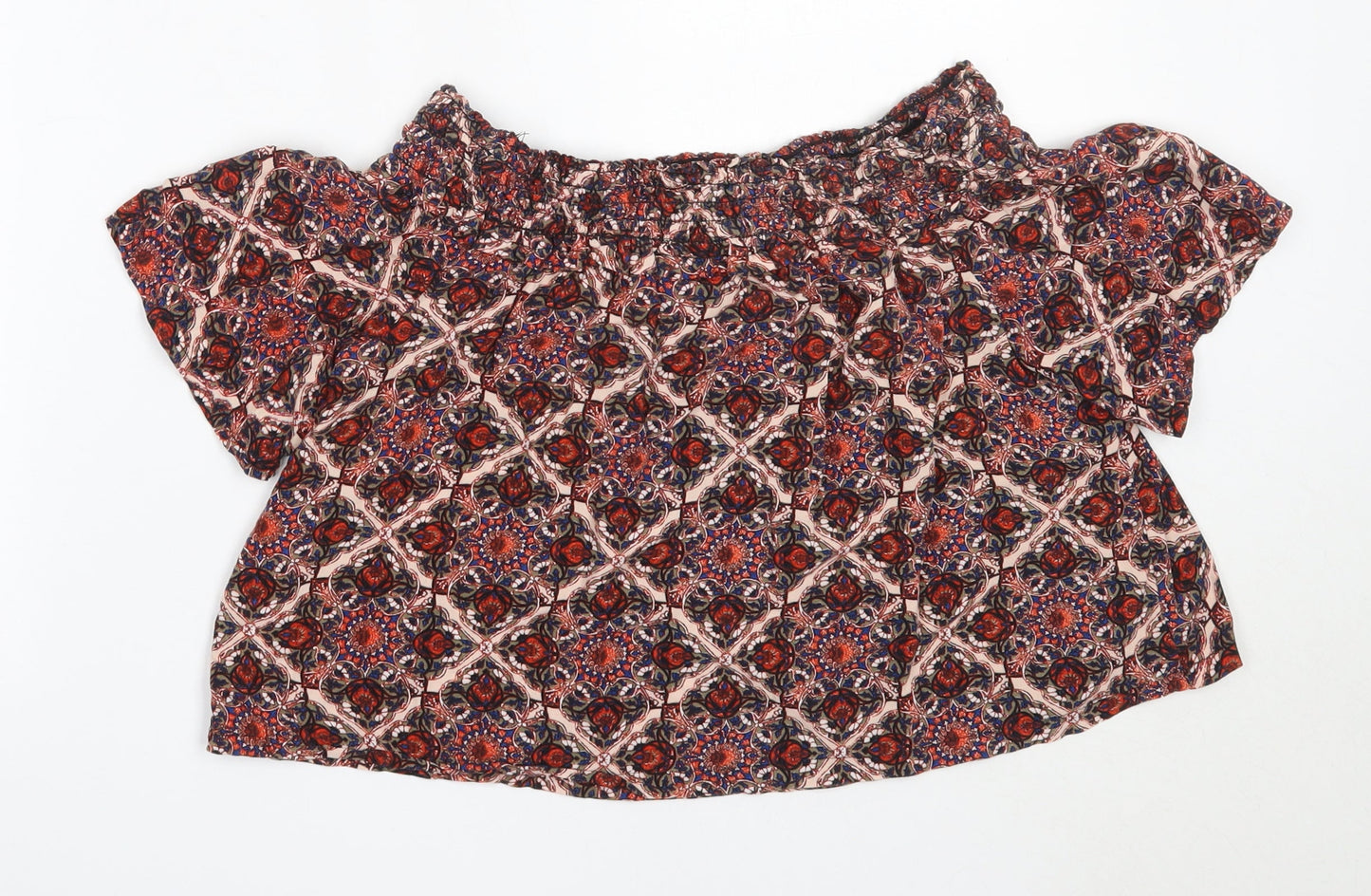 Topshop Womens Red Geometric Viscose Basic Blouse Size 8 Off the Shoulder