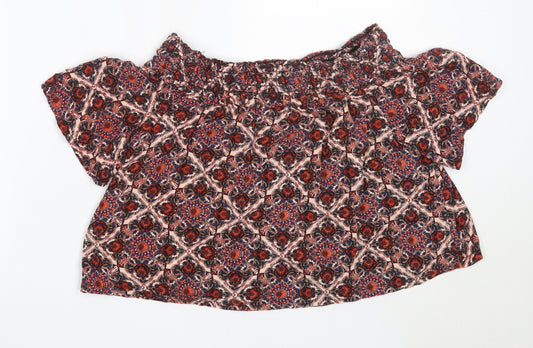 Topshop Womens Red Geometric Viscose Basic Blouse Size 8 Off the Shoulder