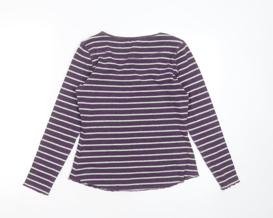WRAP Womens Purple Striped Cotton Basic T-Shirt Size 10 Round Neck