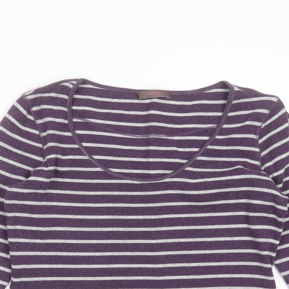 WRAP Womens Purple Striped Cotton Basic T-Shirt Size 10 Round Neck