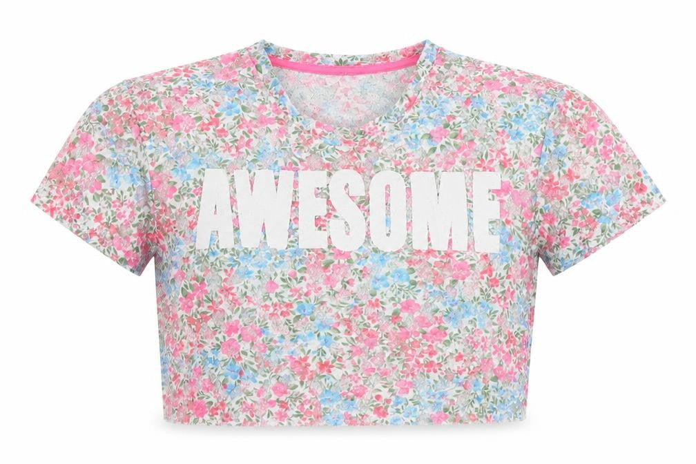 Young Dime3nsion Girls Ivory Floral Polyester Cropped Blouse Size 7-8 Years Crew Neck