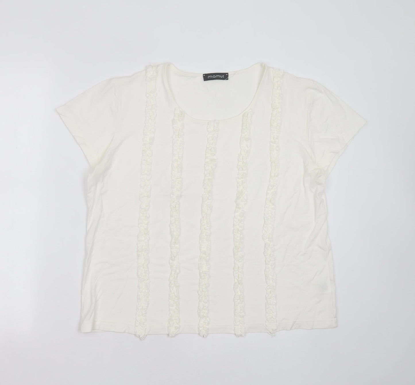 Mamut Womens White Striped Viscose Basic T-Shirt Size 16 Round Neck