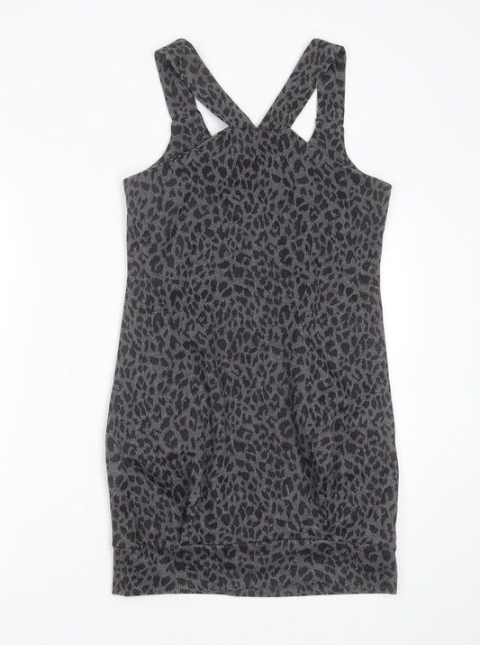 Preworn Womens Grey Animal Print Polyester Mini  Size 8  Round Neck