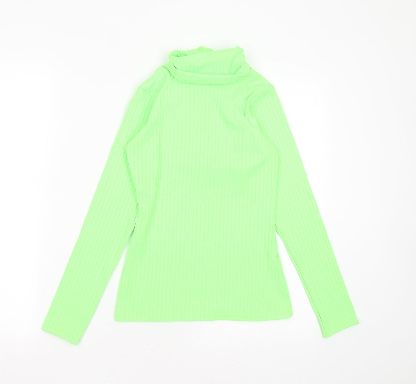 PRETTYLITTLETHING Womens Green Striped Polyester Basic T-Shirt Size 10 Roll Neck