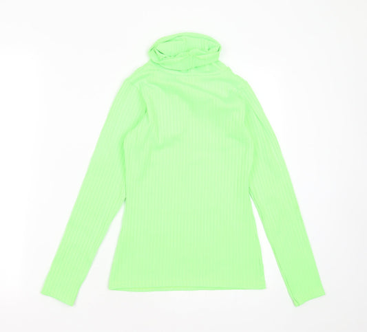PRETTYLITTLETHING Womens Green Striped Polyester Basic T-Shirt Size 10 Roll Neck