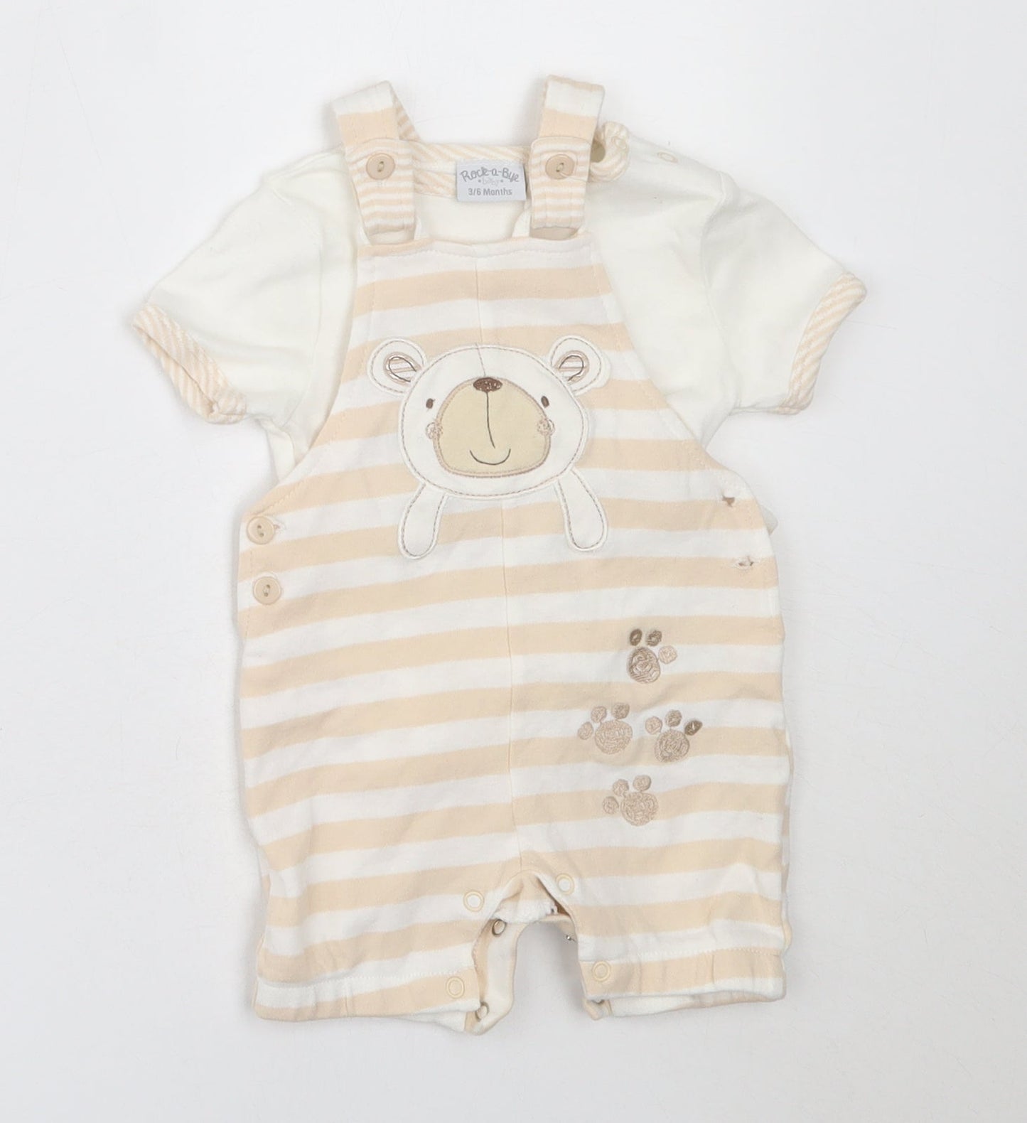 Rock-A-Bye Baby Boys Ivory Striped Cotton Dungaree One-Piece Size 3-6 Months
