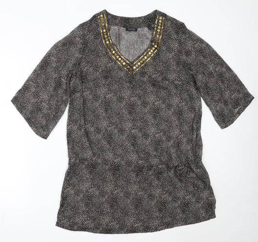 Tchibo Womens Brown Animal Print Polyester Basic Blouse Size 44 V-Neck