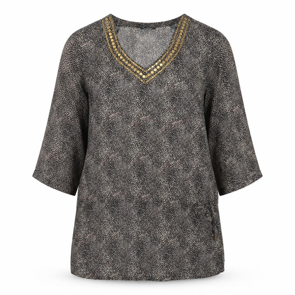 Tchibo Womens Brown Animal Print Polyester Basic Blouse Size 44 V-Neck