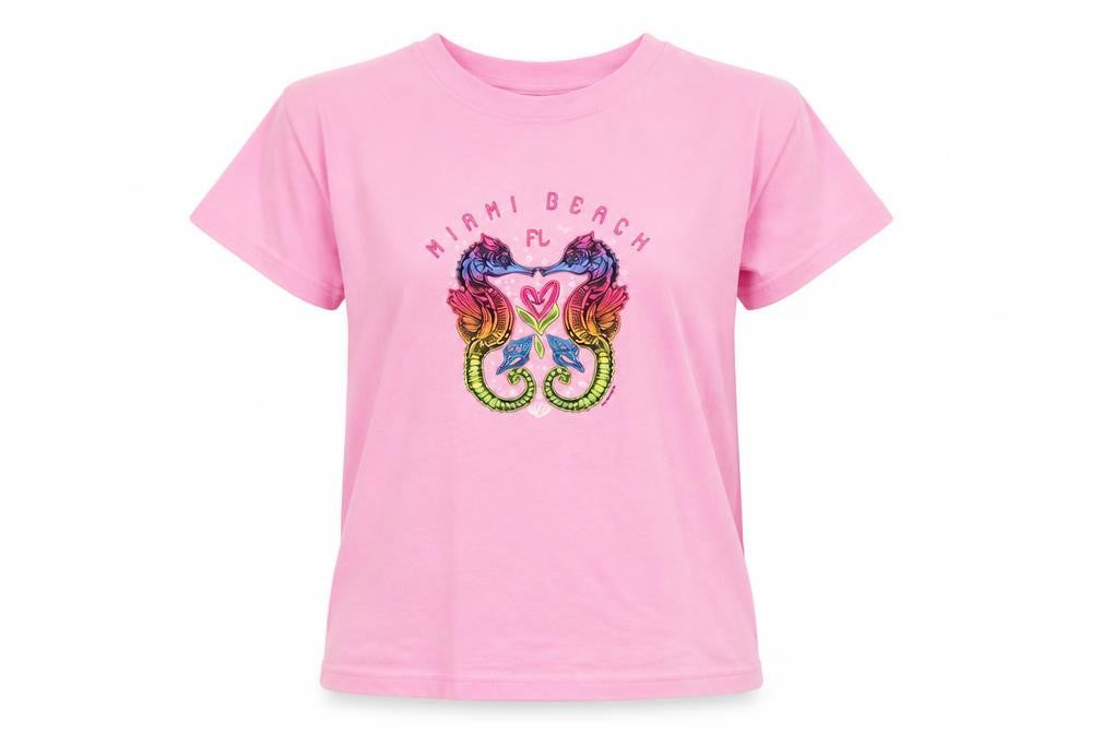 The Vacation Supply Co Girls Pink  Cotton Basic T-Shirt Size M Round Neck  - Miami Beach