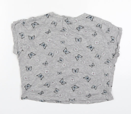 New Look Girls Grey Floral Cotton Cropped T-Shirt Size 10-11 Years Round Neck Pullover - Butterflies