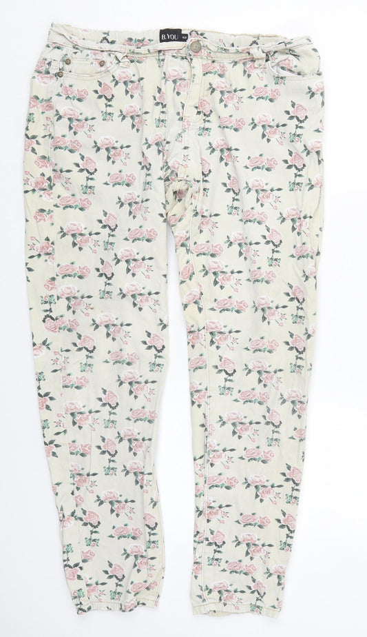 B You Womens Beige Floral Cotton Skinny Jeans Size 14 L28 in Regular Button