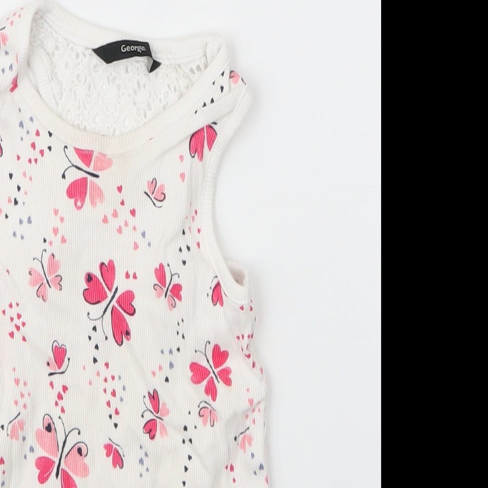 George Girls White Floral Cotton Basic Tank Size 6 Years Round Neck  - Butterfly